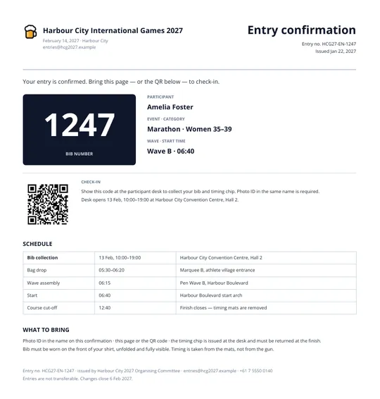 An entry confirmation with the bib number set large in a dark panel, participant and wave details beside it, a check-in QR code, and a schedule table.
