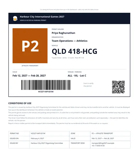 A vehicle access permit sized for a windscreen — a large zone code block on the left, the number plate set in forty-point type, and the venue, parking and validity codes underneath.