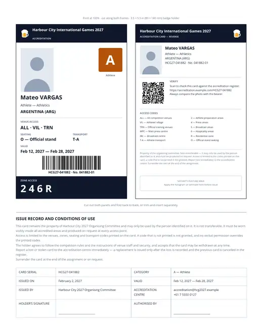 An accreditation card printed on one A4 sheet — the front panel with photo, category letter and zone code band on the left, the reverse with the code legend and conditions on the right, and an issue record underneath.